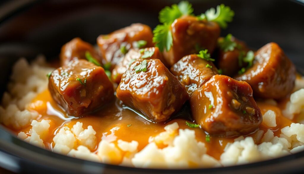 Slow Cooker Garlic Butter Beef Bites & Potatoes